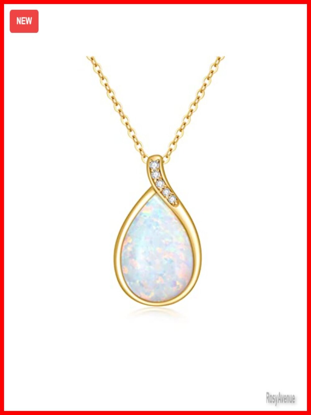 14k Solid Gold White Opal Teardrop Pendant Necklace with Genuine Diamond Dainty